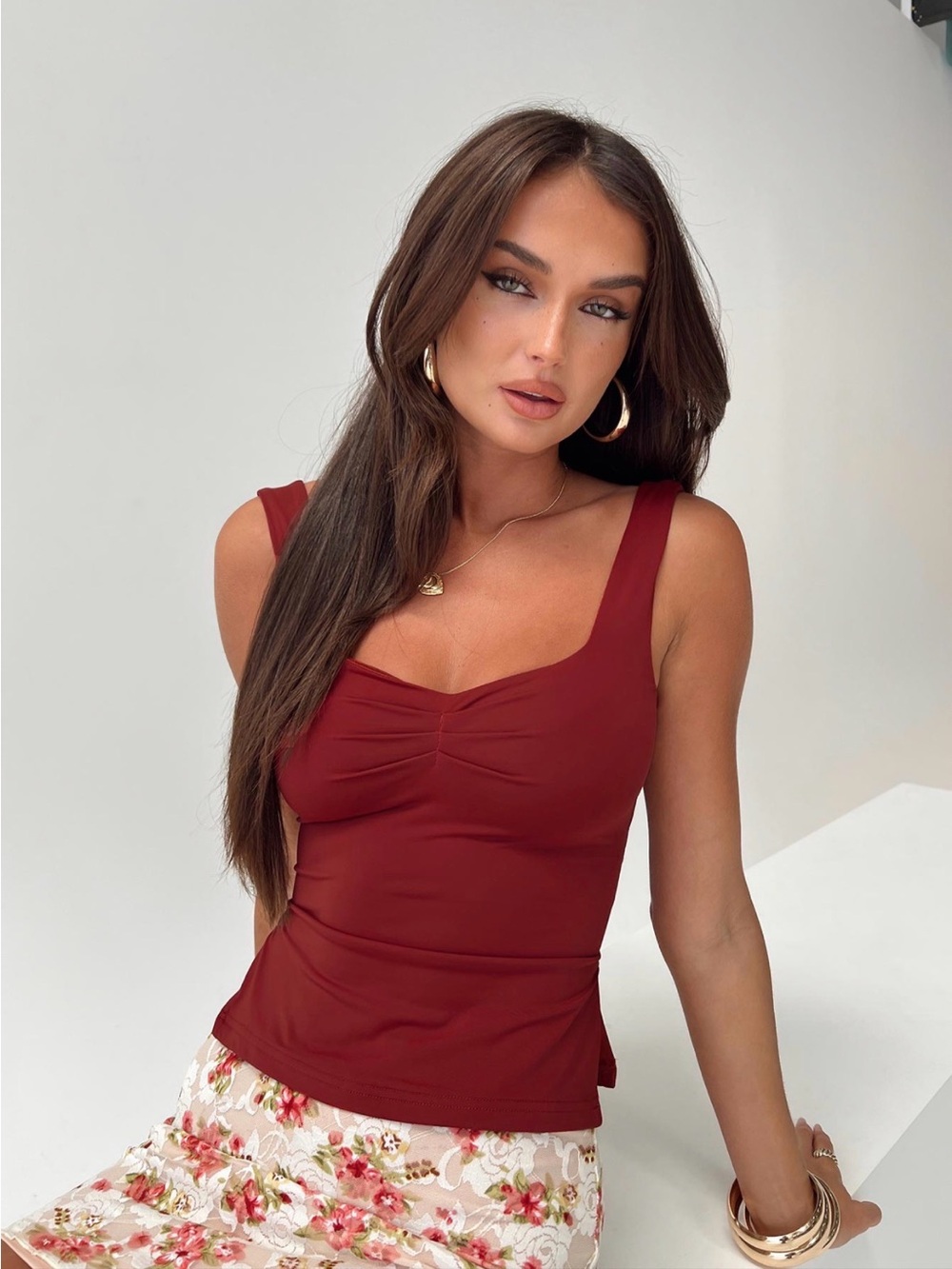 Princess Polly Rehna Scoop Neck Tank Top in Deep Burgundy
